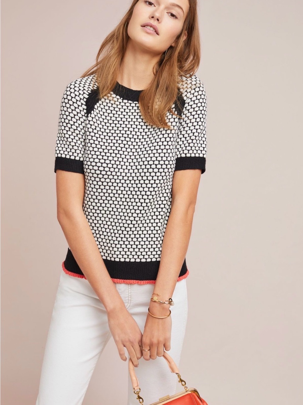 Moth Anthropologie Pebbled Black & White Short-Sleeve Knit Top with Coral Trim